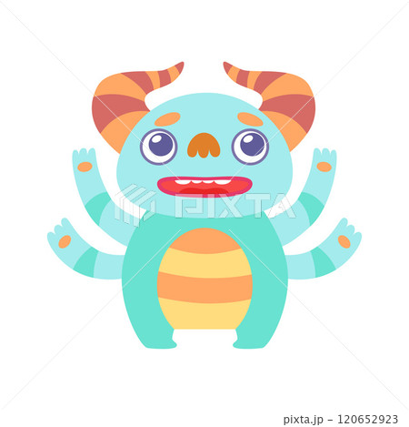 Cute Light Blue Horned Monster, Adorable Alien Cartoon Character Fantastic Creature Vector Illustration Cute Light Blue Horned Monster, Adorable Alien Cartoon Character Fantastic Creature Vector Illustration 120652923