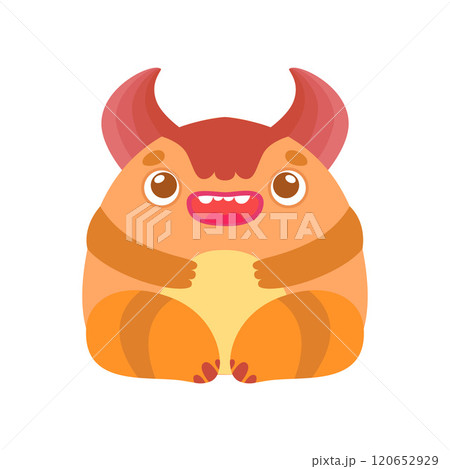 Funny Orange Monster,Cute Friendly Horned Alien Cartoon Character Fantastic Creature Vector Illustration 120652929