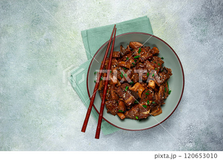 bulgogi, with mushrooms, with sesame seeds and green onions, Korean cuisine, homemade, no people, 120653010