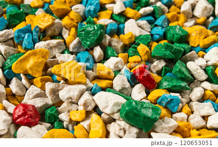 Colored crushed stone, for landscape design, background, close-up, mix, multicolored, no people, 120653051