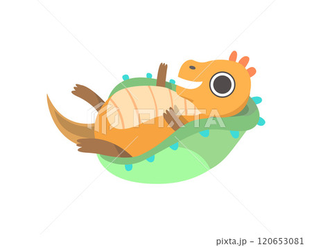 Cute Little Dino Lying in Baby Cradle, Adorable Baby Dinosaur Character Vector Illustration 120653081