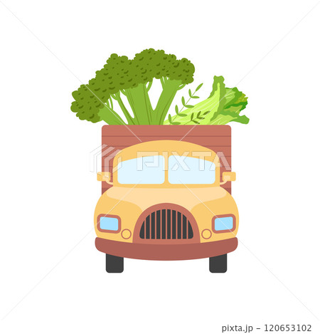 Cute Truck Delivering Fresh Giant Broccoli and Chinese Cabbage, Front View, Shipping of Garden Vegetables Vector Illustration Cute Truck Delivering Fresh Giant Broccoli and Chinese Cabbage, Front View, Shipping of Garden Vegetables Vector Illustration 120653102