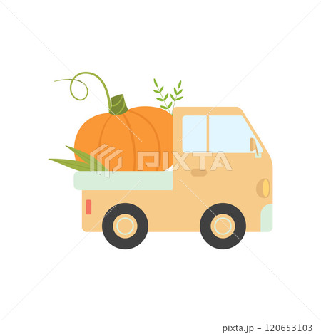 Cute Truck Delivering Pumpkin, Side View, Shipping of Fresh Garden Vegetables Vector Illustration 120653103