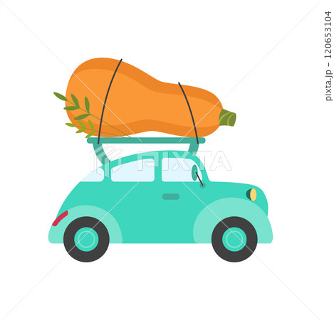 Cute Turquoise Car Delivery Giant Zucchini, Side View, Shipping of Fresh Garden Vegetables Vector Illustration 120653104