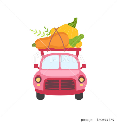 Cute Pink Car with Zucchini and Squash, Front View, Food Delivery, Shipping of Fresh Garden Vegetables Vector Illustration Cute Pink Car with Zucchini and Squash, Front View, Food Delivery, Shipping of Fresh Garden Vegetables Vector Illustration 120653175