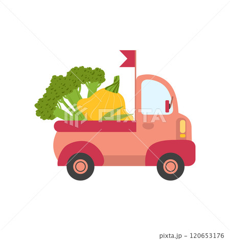 Cute Truck with Broccoli and Squash, Side View, Food Delivery, Shipping of Fresh Garden Vegetables Vector Illustration Cute Truck with Broccoli and Squash, Side View, Food Delivery, Shipping of Fresh Garden Vegetables Vector Illustration 120653176