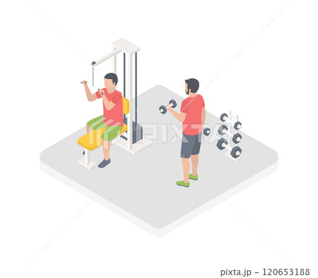 People are doing sports isometric 3D vector illustration. Gym concept with sports equipment. 120653188