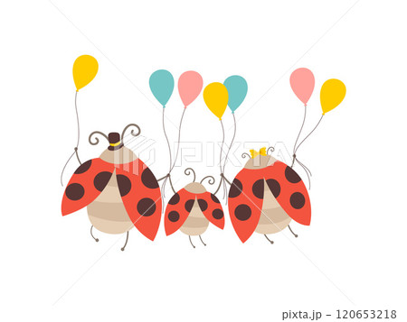 Happy Ladybug Family, Cheerful Mother, Father and Their Baby Holding Colorful Balloons, Back, View, Cute Cartoon Insects Characters Vector Illustration 120653218