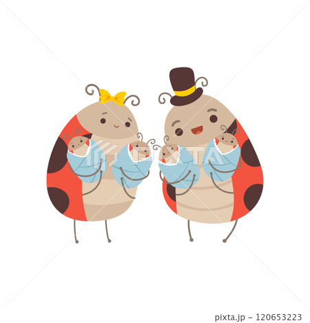 Happy Ladybug Family, Cheerful Mother and Father Ladybugs and Their Four Newborn Babies, Cute Cartoon Insects Characters Vector Illustration Happy Ladybug Family, Cheerful Mother and Father Ladybugs and Their Four Newborn Babies, Cute Cartoon Insects Characters Vector Illustration 120653223
