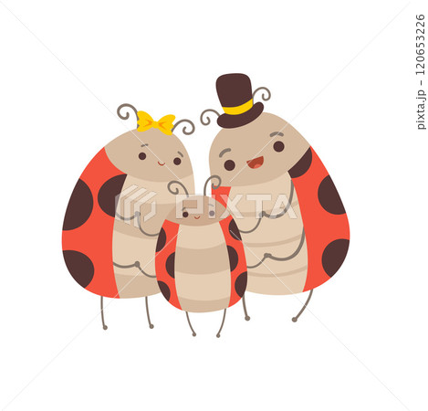 Ladybug Family, Cheerful Mother, Father and Their Baby Standing Together, Cute Cartoon Insects Characters Vector Illustration 120653226