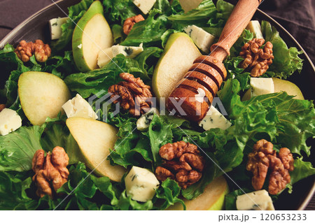 Keto Salad, pear with blue cheese and walnut, selective focus, no people, close-up, 120653233