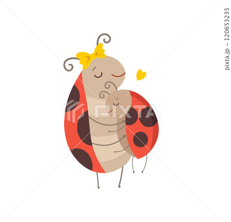 Happy Ladybug Family, Mother Ladybug Embracing Her Child, Cute Cartoon Flying Insects Characters Vector Illustration Happy Ladybug Family, Mother Ladybug Embracing Her Child, Cute Cartoon Flying Insects Characters Vector Illustration 120653235
