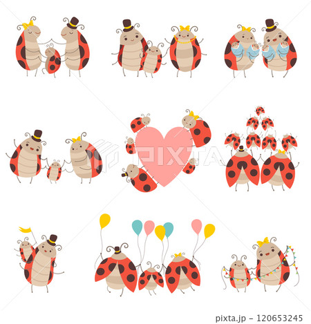 Happy Ladybug Family Set, Cute Mother, Father and Their Babies, Adorable Cartoon Insects Characters Vector Illustration 120653245