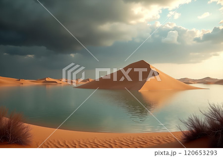 Storm Clouds Over a Flooded Desert Landscape. AI generation 120653293