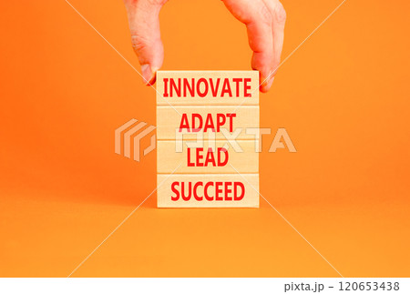 Innovate adapt lead succeed symbol. Concept words Innovate Adapt Lead Succeed on beautiful wooden blocks. Beautiful orange background. Business innovate adapt lead succeed concept. Copy space. 120653438