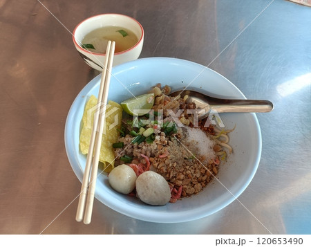 noodle with meetball in a blow on stainless table noodle with meetball in a blow on stainless table 120653490
