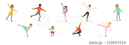 Man and Woman Ice Figure Skating Moving on Ice Rink Vector Set 120653514