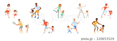 Parent and Kid Do Sport and Physical Exercise Vector Set Parent and Kid Do Sport and Physical Exercise Vector Set 120653529