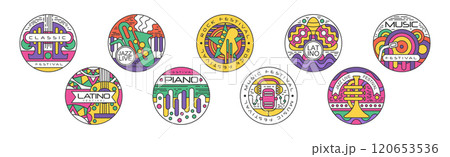 Live Music and Concert Festival Logo and Round Sticker Vector Set 120653536