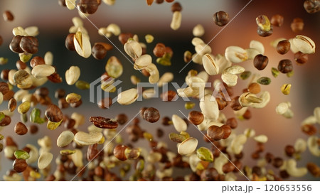 Freeze Motion Shot of Flying Various Nuts, Close-up 120653556