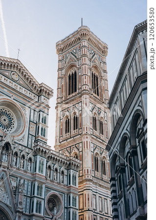 Cathedral Santa Maria del Fiore in Tuscany, Florence, Italy. Concept of travel, tourism and vacation in city. Architecture and landmark of Florence. 120653580