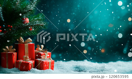 Christmas greeting background with pine tree and gift boxes Christmas greeting background with pine tree and gift boxes 120653595