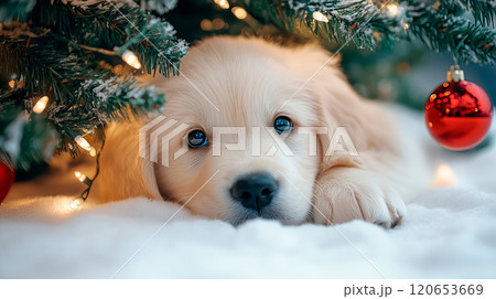 White puppy retriever lying down under christmas tree 120653669