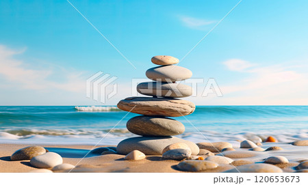 Stones pyramid on the sandy beach on a sunny day. Stones pyramid on the sandy beach on a sunny day. 120653673