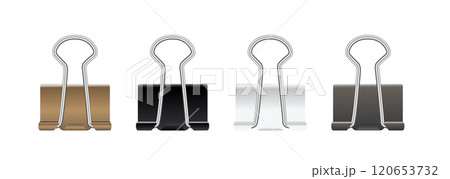 Realistic paper clips. Black white gold silver binder clip, paper holder. Vector 120653732