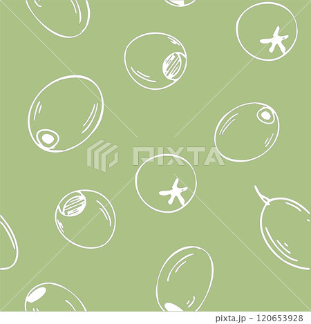 Olives Fruits Graphic seamless pattern on a green background. Hand drawn Ink Vector illustration. Can be used for textile, wallpaper prints and packaging. Olives Fruits Graphic seamless pattern on a green background. Hand drawn Ink Vector illustration. Can be used for textile, wallpaper prints and packaging. 120653928