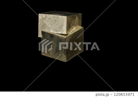 Macro mineral stone Pyrite on a black background 120653971