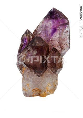 macro mineral stone Amethyst on smoky quartz on a white background 120654061