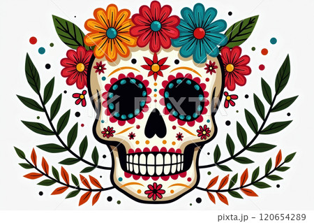 Vibrant sugar skull design for dia de los muertos celebration. AI generation Vibrant sugar skull design for dia de los muertos celebration. AI generation 120654289