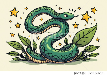 Whimsical cartoon snake with stars and leaves - children's illustration design. AI generation 120654298