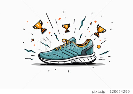 Playful trophy and sneaker illustration for sporting achievement concepts. AI generation 120654299
