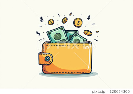 Playful doodle of a wallet with cash and coins - financial illustration for design. AI generation 120654300