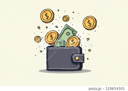 Whimsical financial illustration with wallet, coins, and dollar bill. AI generation 120654301