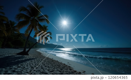 Serene night beachscape with moonlight reflections and palm trees. AI generation 120654365