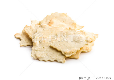 A crispy salted crackers isolated on white background. A crispy salted crackers isolated on white background. 120654405