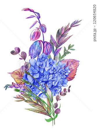 Watercolor sketch illustration with pink bouquet flowers drawn with watercolor pencil Watercolor sketch illustration with pink bouquet flowers drawn with watercolor pencil 120654820