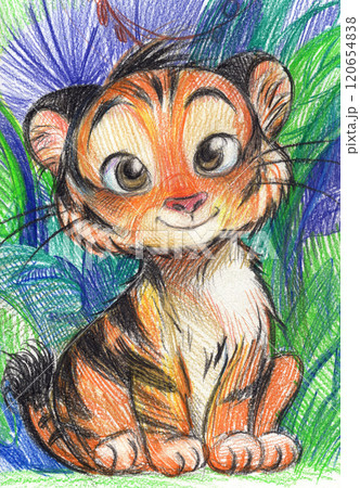 Pencil illustration of a lion cub in cartoon style for children isolated among bushes 120654838