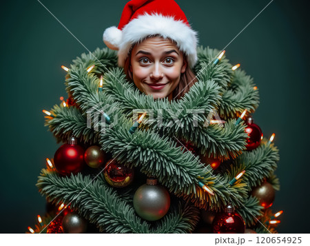 Creative Christmas costume with a person wrapped in a Christmas tree. AI generation 120654925