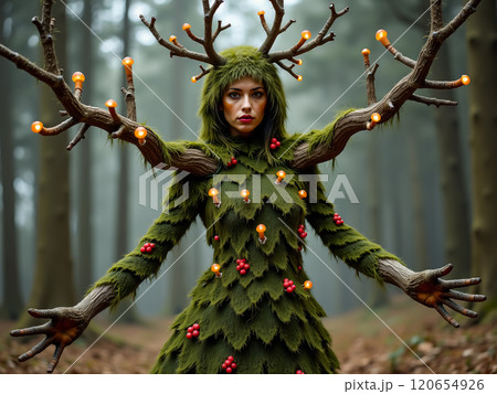 Forest spirit dressed as a Christmas tree with antler branches. AI generation 120654926