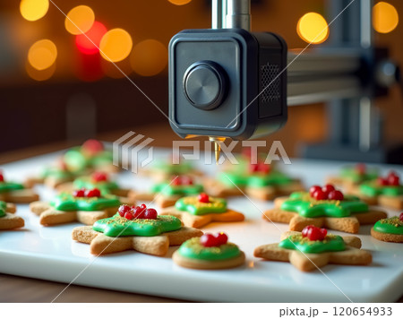 Automated machine decorating Christmas cookies. AI generation Automated machine decorating Christmas cookies. AI generation 120654933