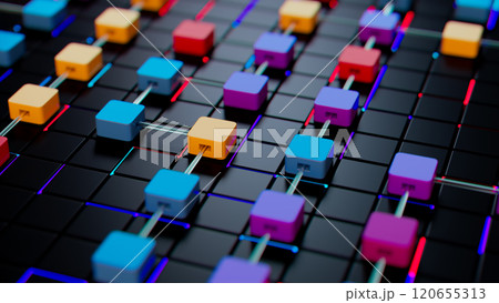 Vibrant 3D Cube Mosaic on Black Grid: An Intricate Colorful Pattern Vibrant 3D Cube Mosaic on Black Grid: An Intricate Colorful Pattern 120655313