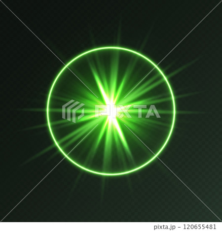 Green light flare, glowing shiny sparkle, lens flare effect, bright glimmering glare. 120655481