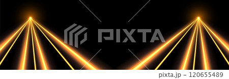 Orange laser beams, concert or nightclub spotlights light effect. Lasers in motion, abstract perspective background. 120655489