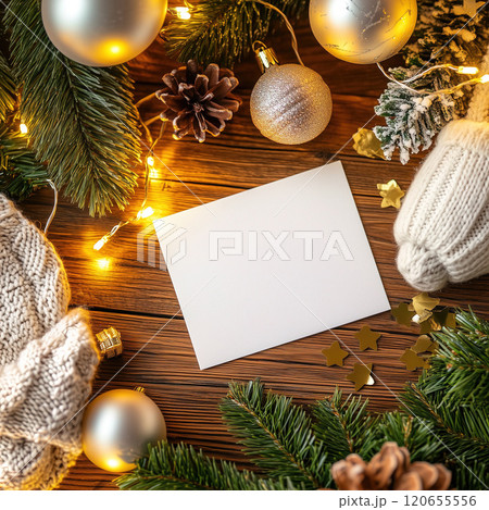 A Christmas card sits on a wooden table with decorations. Blank white Christmas holiday postcard mockup 120655556