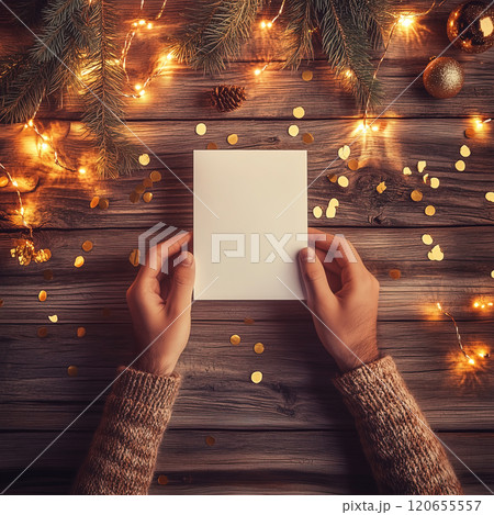 A person is currently holding a piece of paper atop a wooden table. Blank white Christmas holiday postcard mockup 120655557