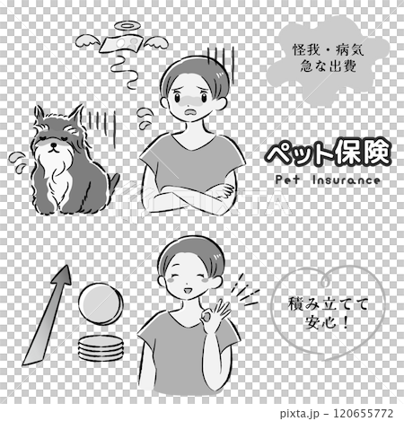 体調不良の犬と治療費に困る飼い主の女性のイラストセット 体調不良の犬と治療費に困る飼い主の女性のイラストセット 120655772